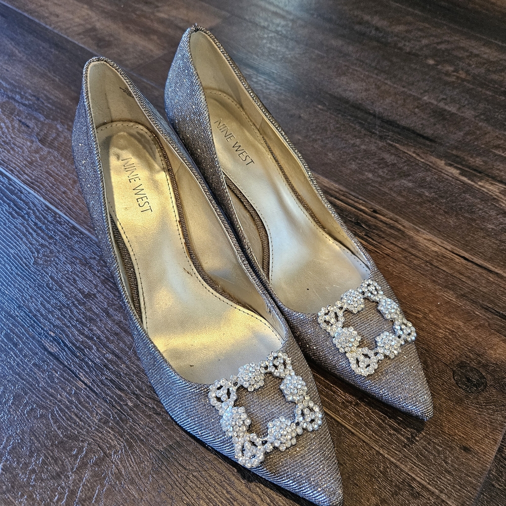 Nine West Glittering Silver Heels with Crystal Buckle